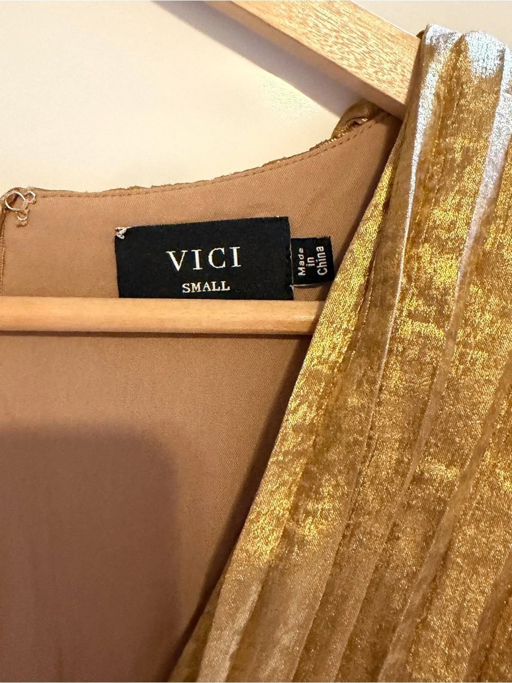 Vici Metallic Gold Plissé Twist-Waist Mini Dress